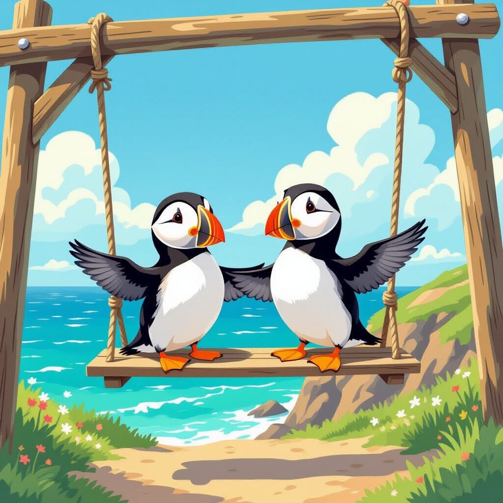 Two Puffins Joyfully Swinging on a Cliffside