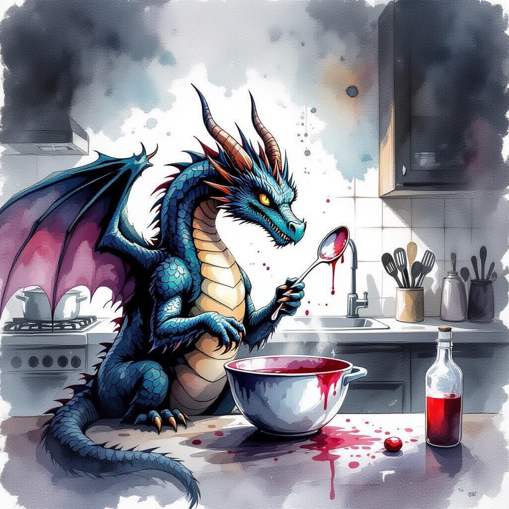 Gothic Dragon's Kitchen Adventure in Alcohol Ink Style