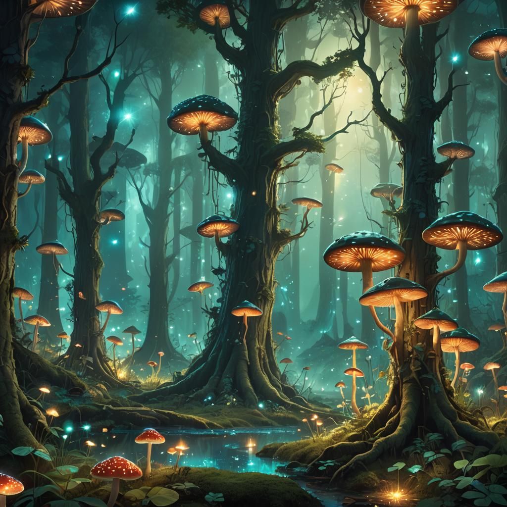Enchanted Forest with Glowing Mushrooms: Fantasy Art