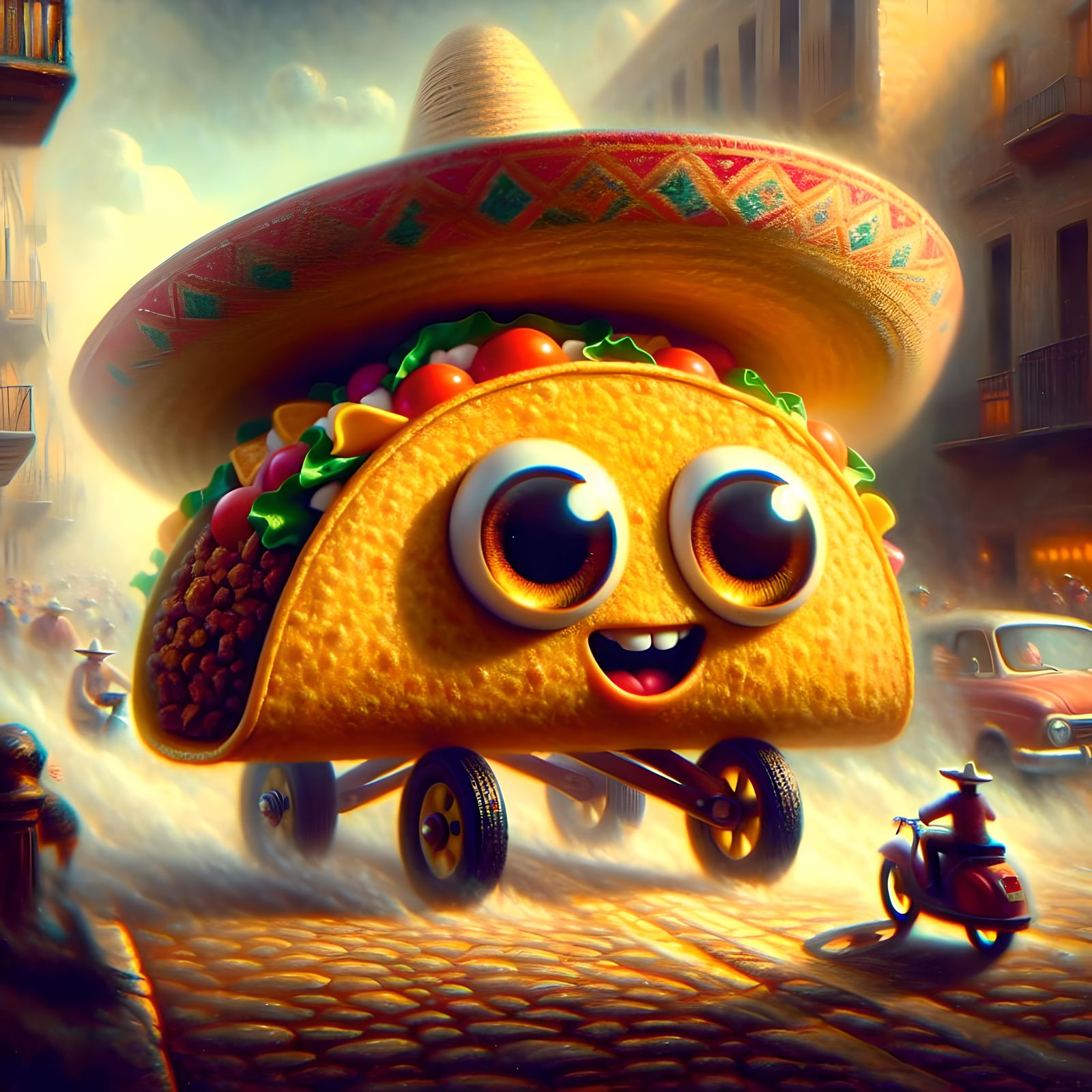 Anthropomorphic Taco on Wheels in Romantic Oil Painting Styl...