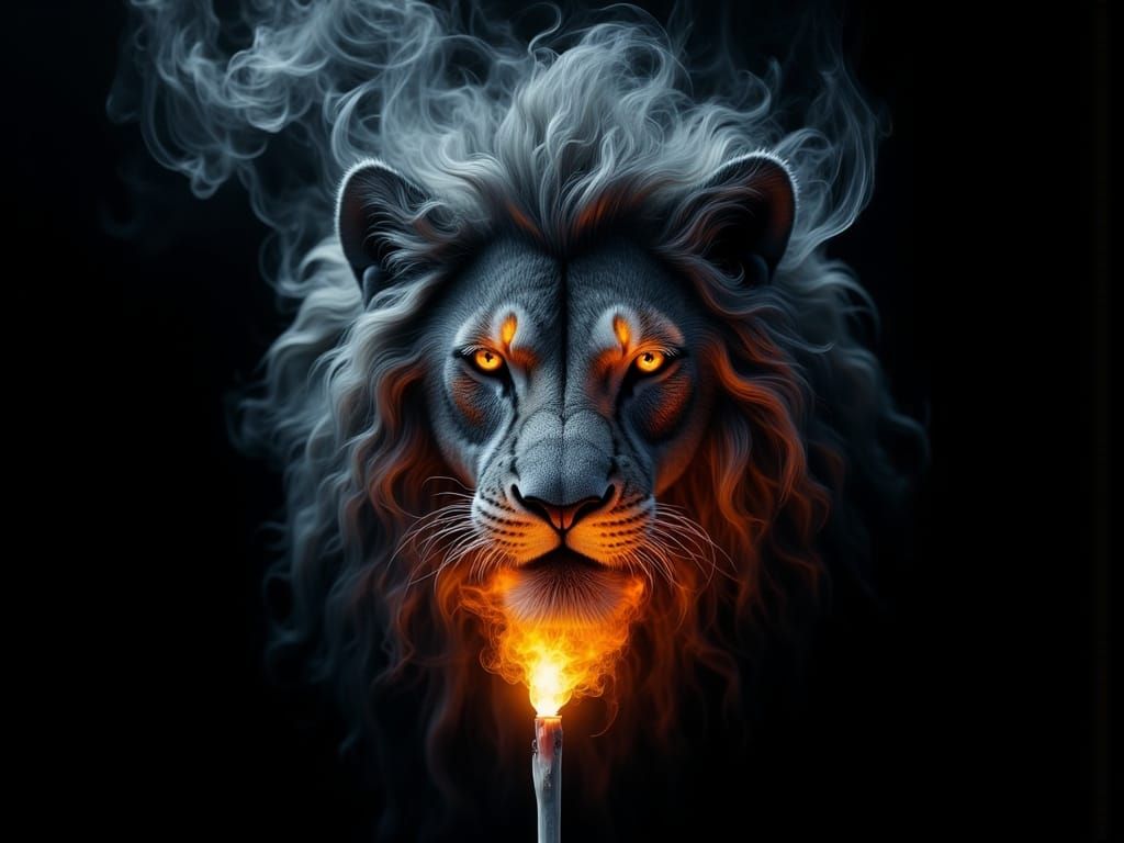 Burning Matchstick Lion in Shadows, Photorealistic Painting