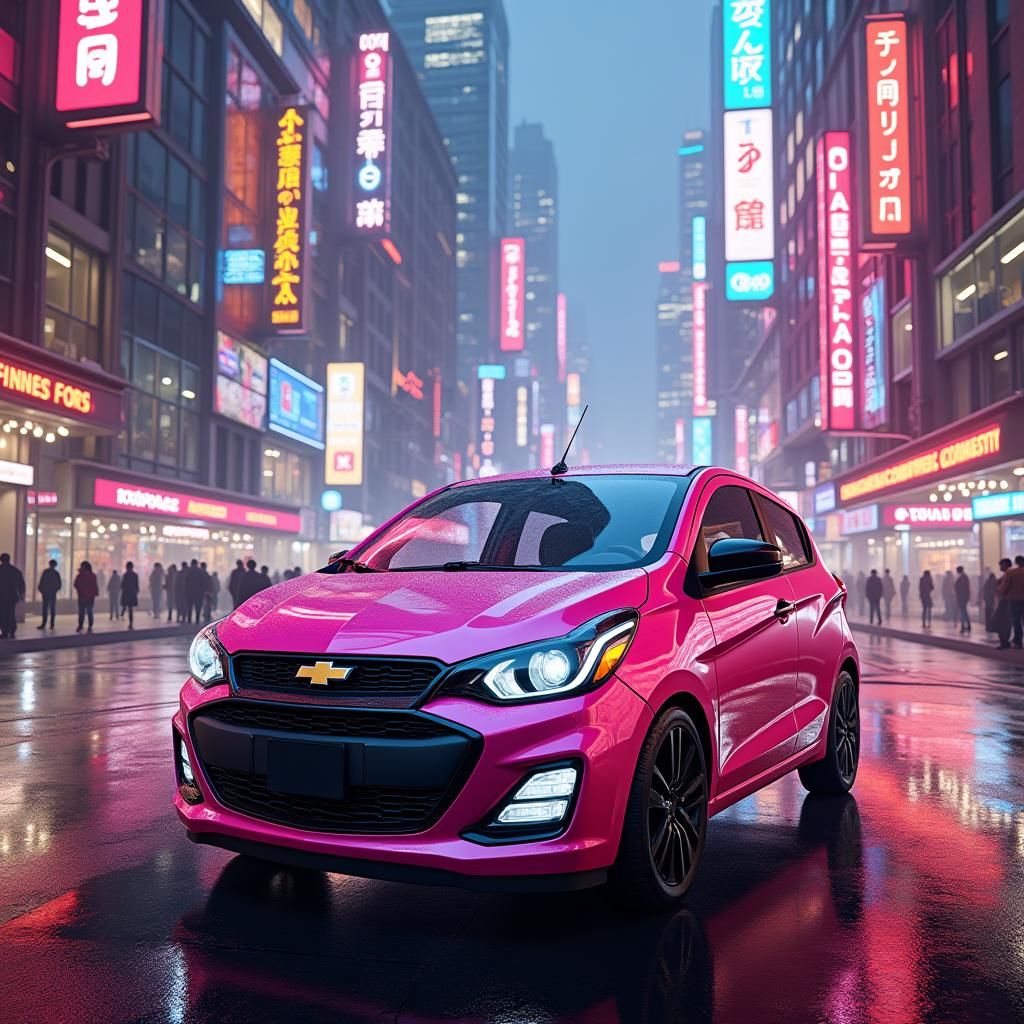 Pink Chevrolet Spark in a Futuristic City