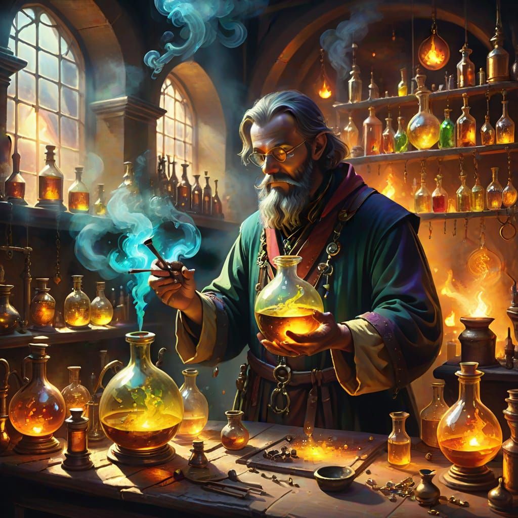 Mystical Alchemist Mixing Potions: Oil Painting