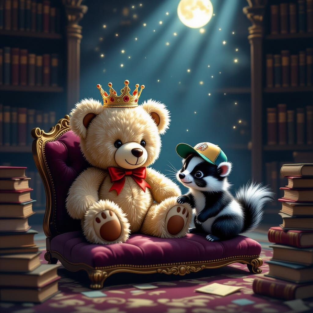 Teddy Bear with Crown and Skunk in Moonlit Library