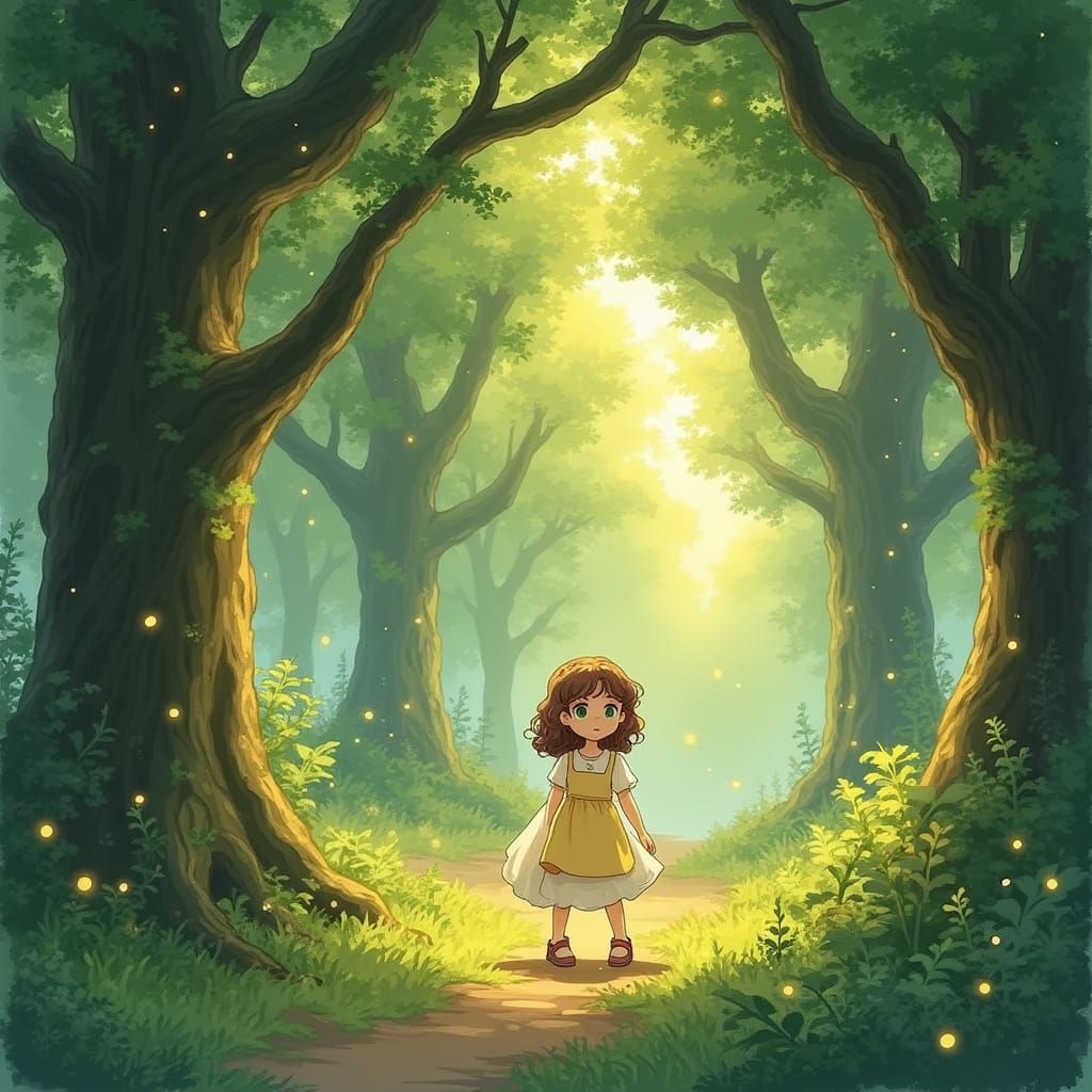 Whimsical Ghibli-Inspired Forest Scene with Young Girl