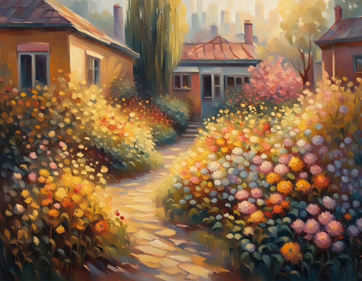 Sunlit Garden in Expressionist Neo-Impressionism Style