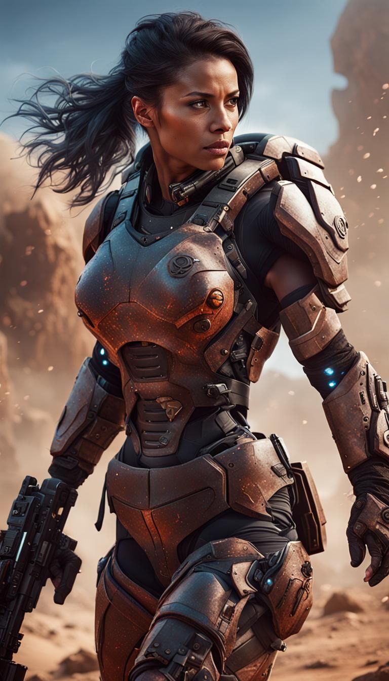Sci-Fi Female Warrior in Warzone, Detailed Matte Painting