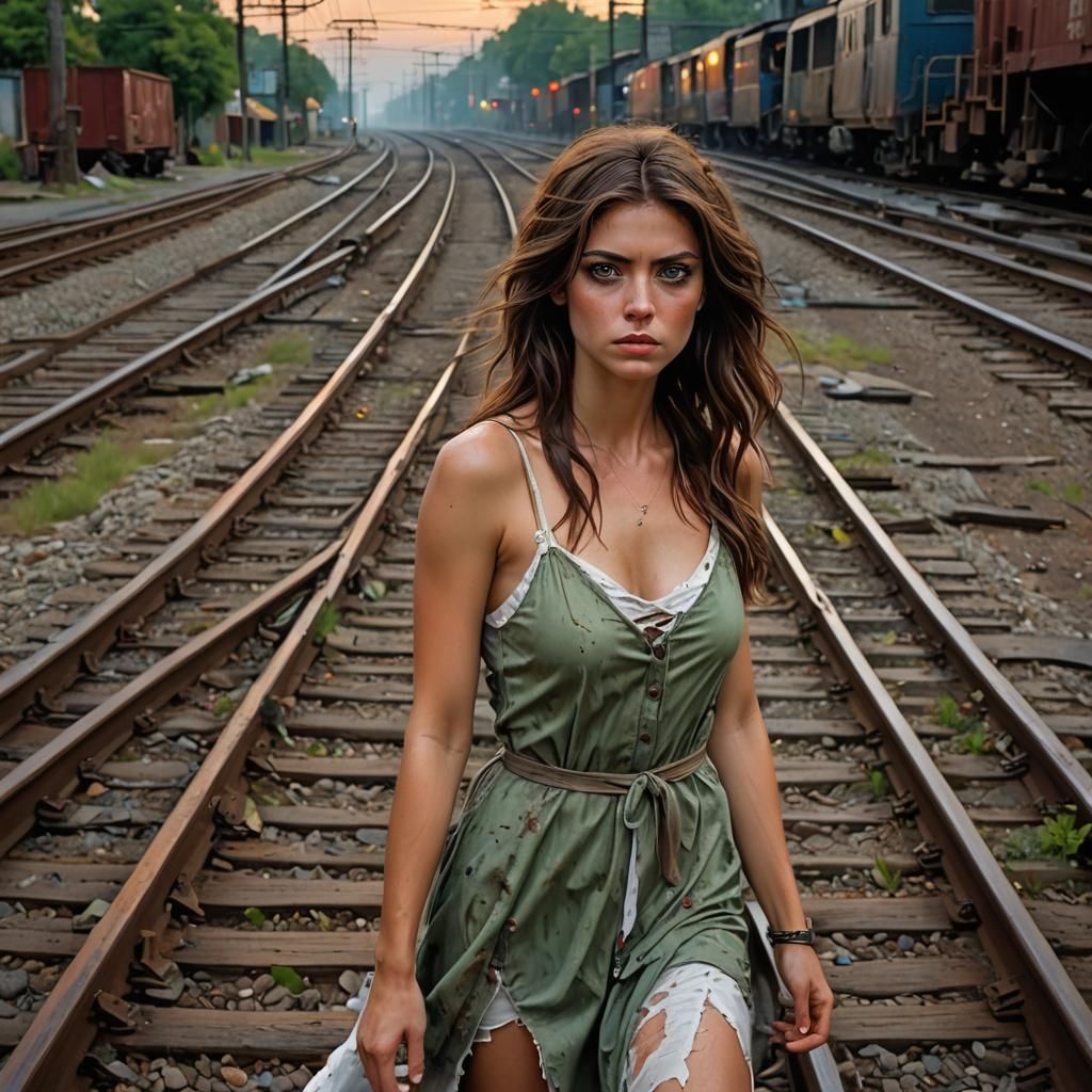 Woman Tied to Train Tracks in Ultra-Realistic Style