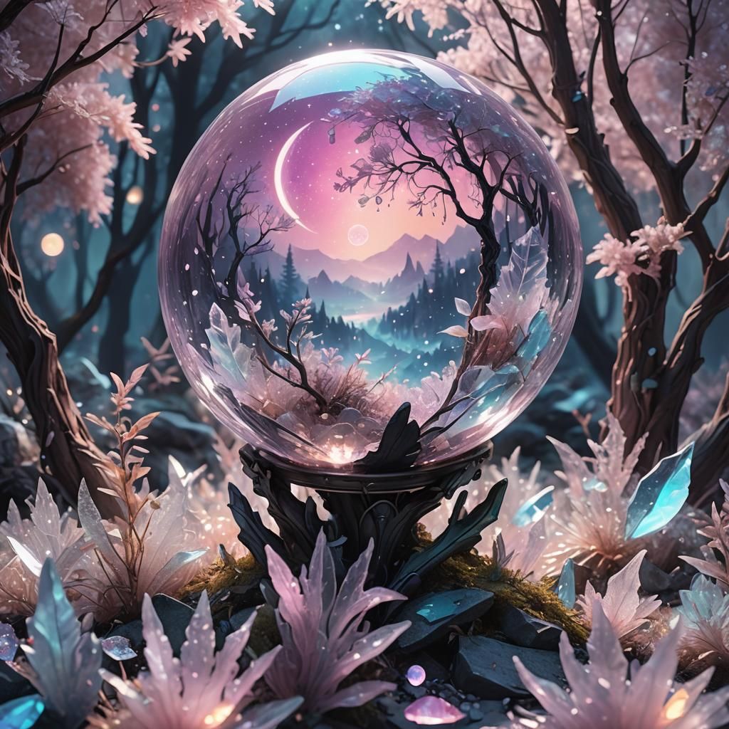 Crystalline Crescent Moon Globe in Neon Fantasy Art