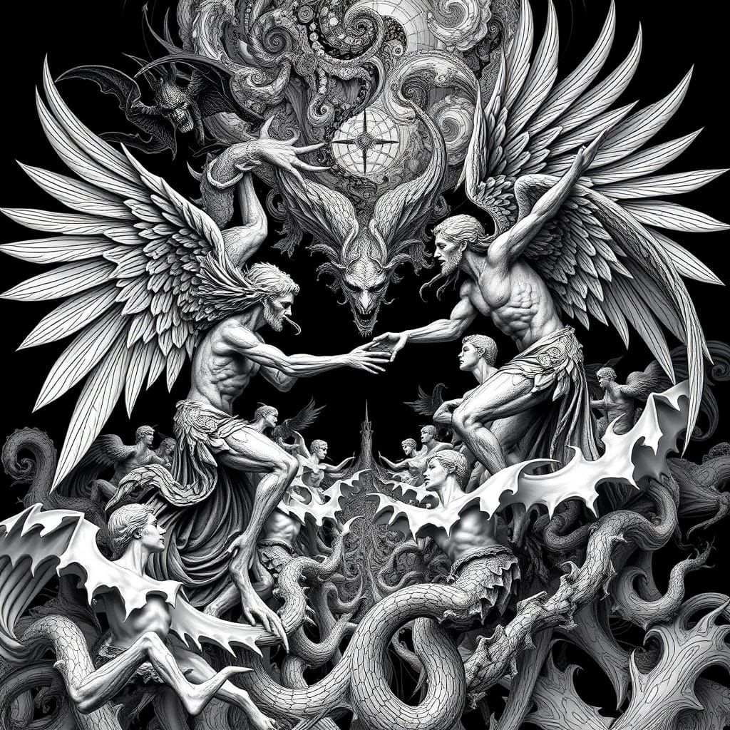 Angels and Demons in Abstract Escher Style Art