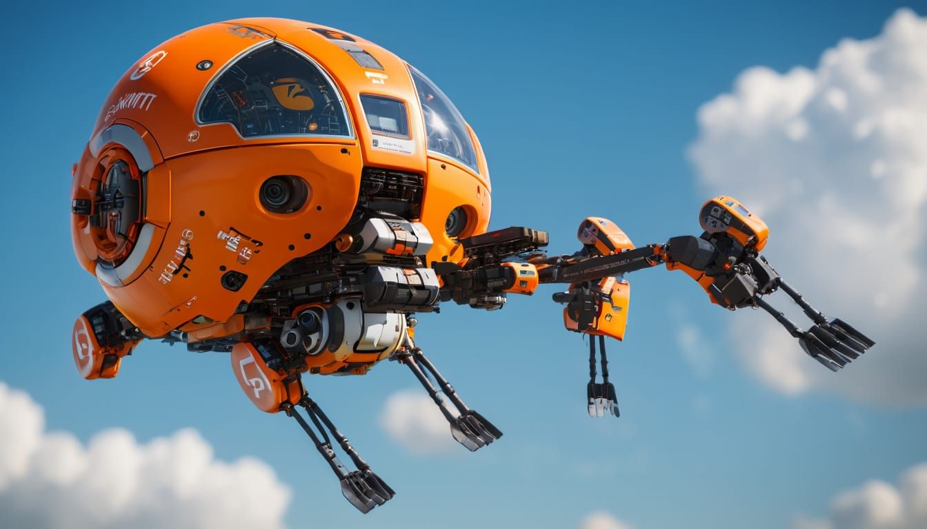 Surreal Robot in Mid-Air with Vibrant Orange Accents