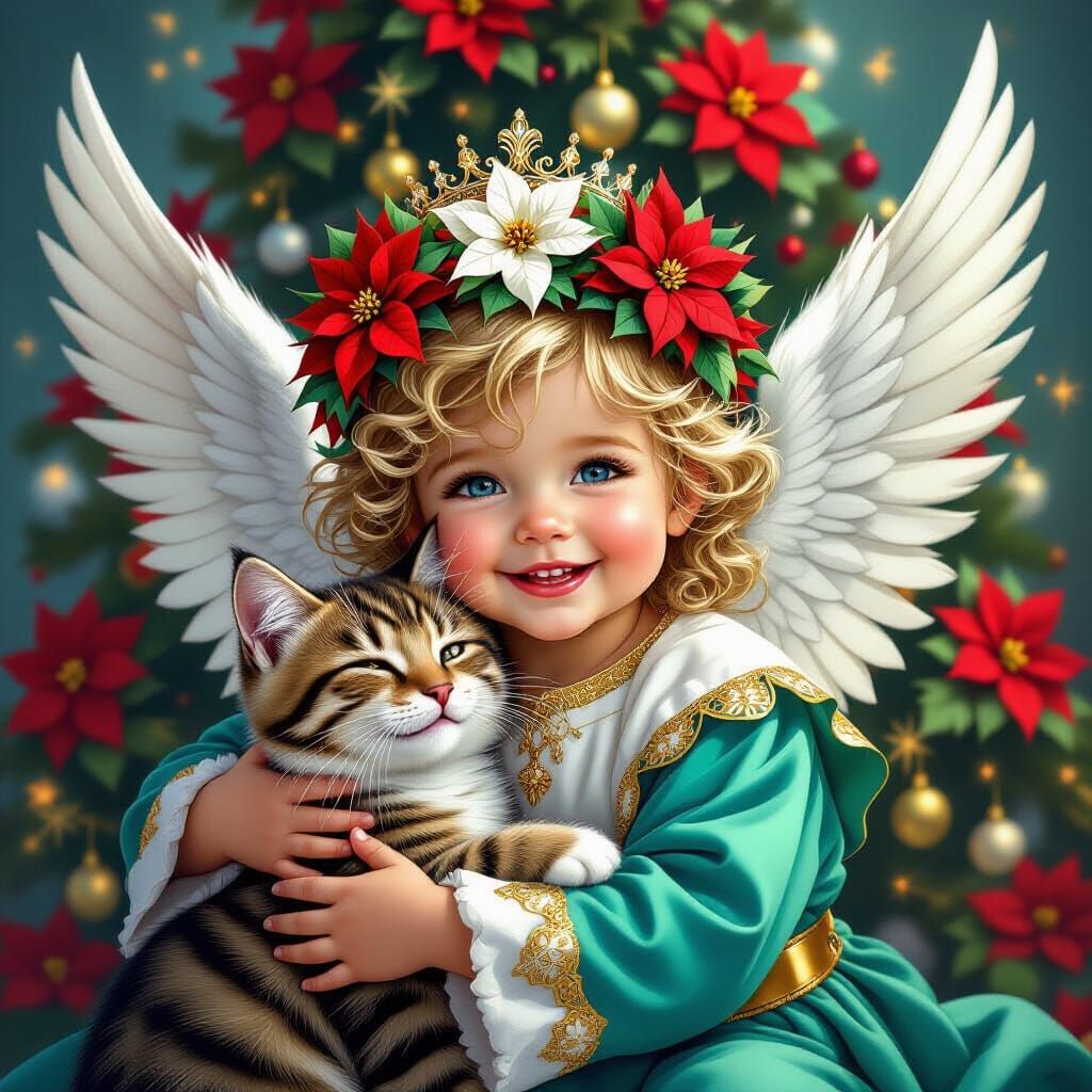 Baby Angel with Poinsettias and Cat, Hyperrealistic