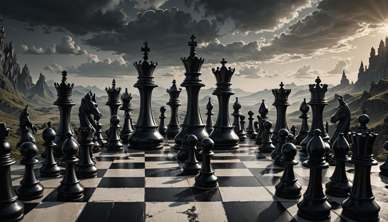 Chess themed planet populated by giant Chess pieces, black and white chequered landscape