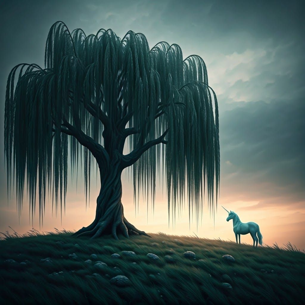 Majestic Unicorn Under Willow Tree