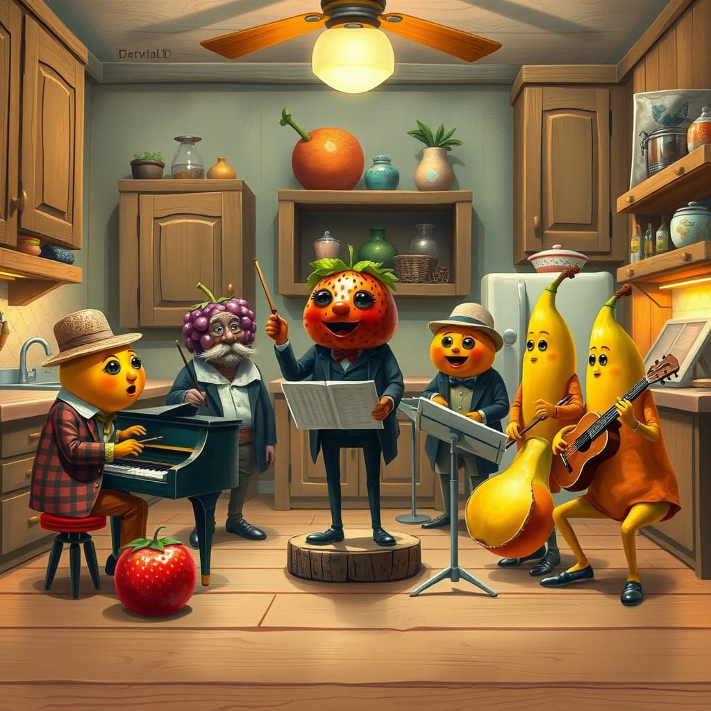 Whimsical Fruit Orchestra in a Cozy Kitchen Scene