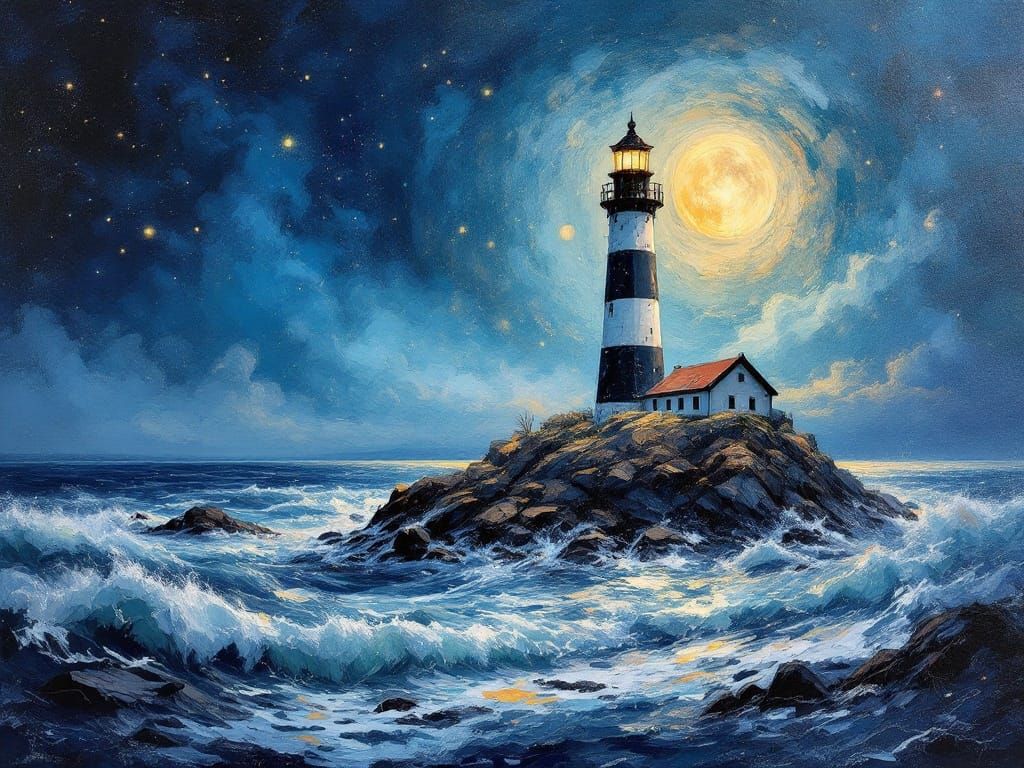 Neo-Impressionist Lighthouse at Dusk