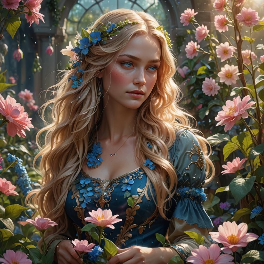 Fantasy Lady Gardening in a Lush Dream Garden