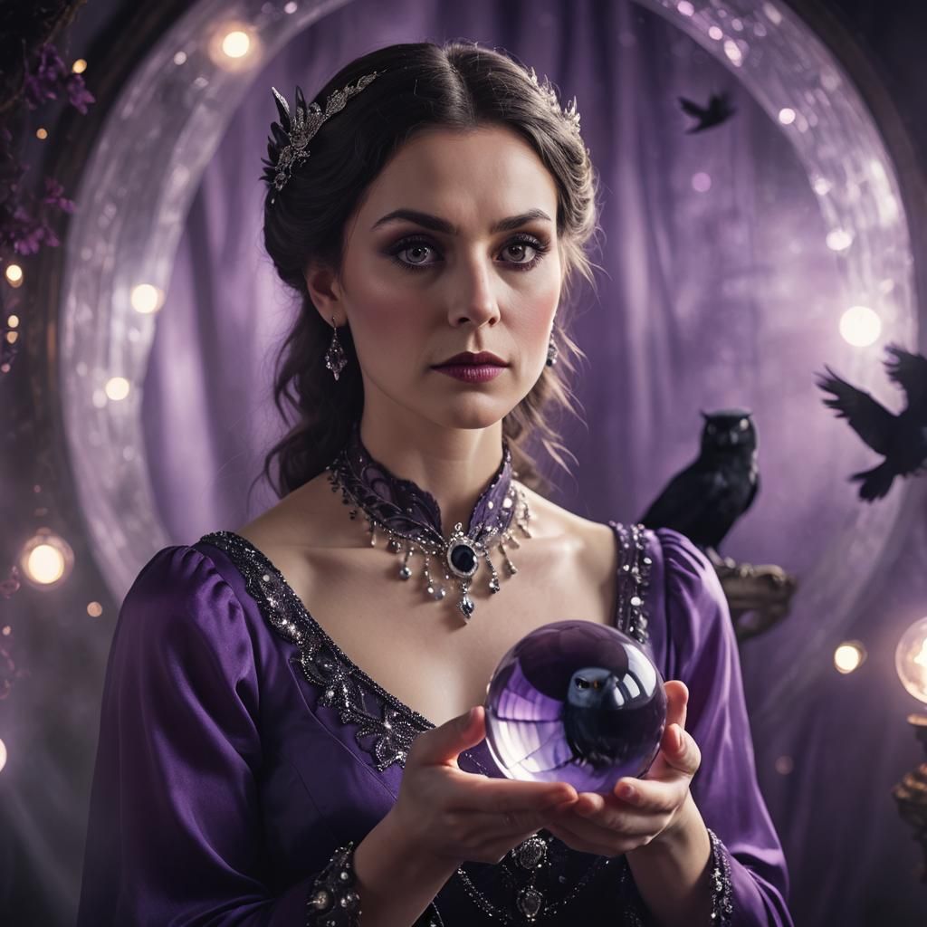 Magical Crystal Ball Portrait with Raven and Owl