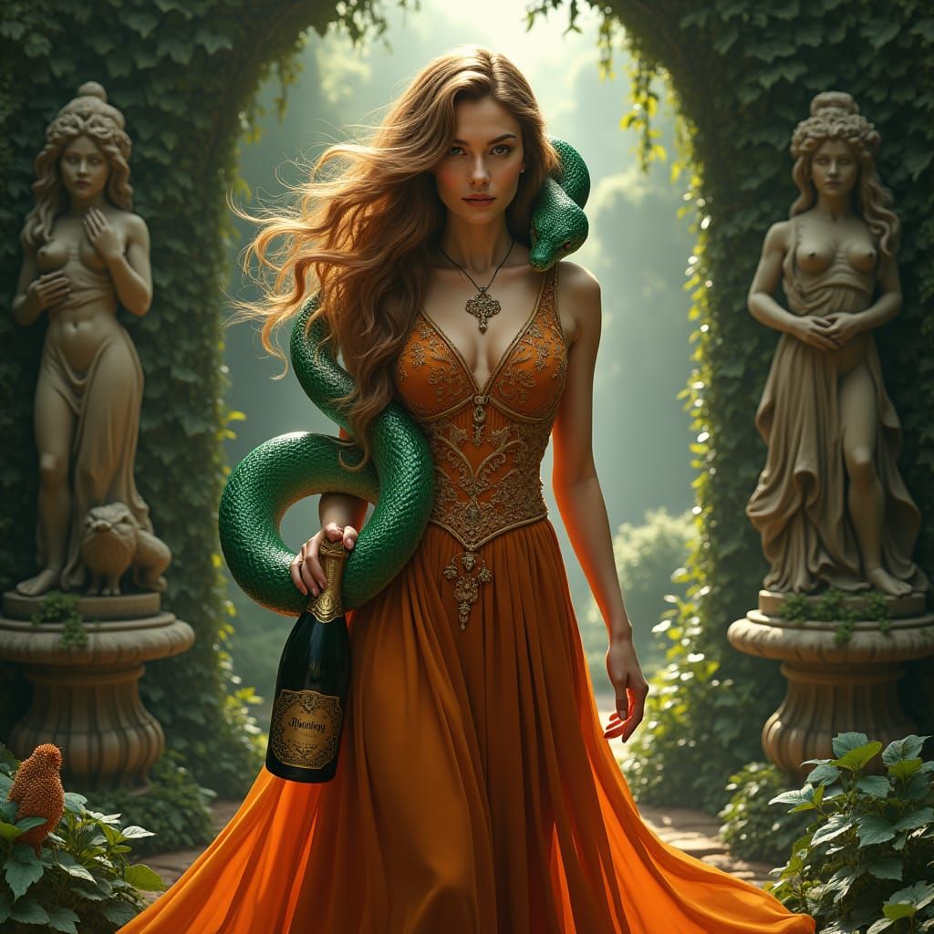 Bold Woman Exits Mystical Garden in Fantasy Art