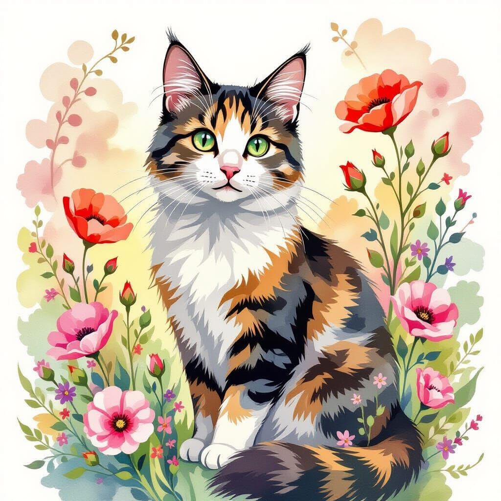 Whimsical Cat in Floral Garden, Watercolor Art Nouveau Style