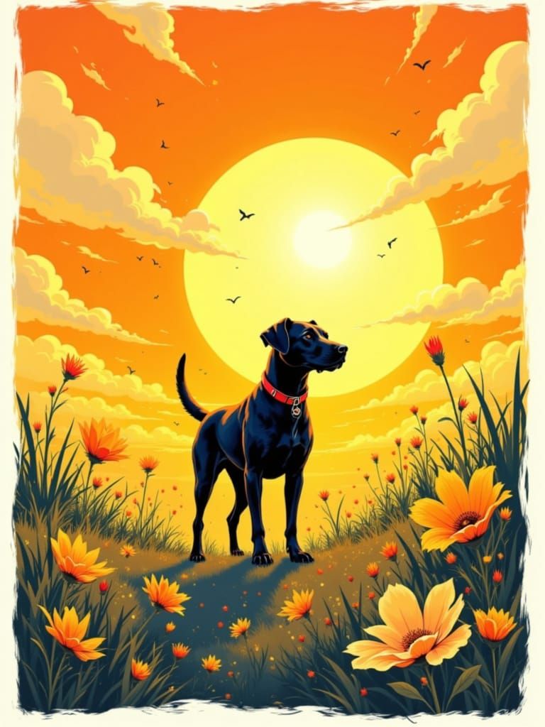 Joyful Dog Walks Towards Light Through Falling Seeds