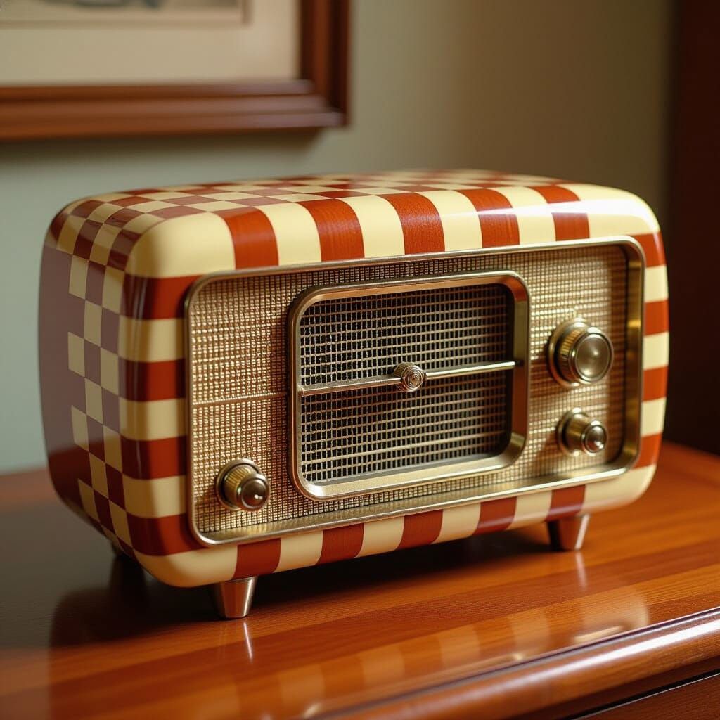 Retro Art Deco Bakelite Radio wooden desk checkered 1950's hyperdetailed