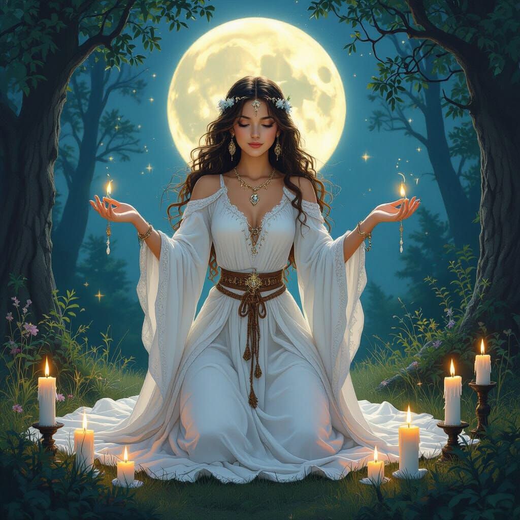 Wiccan Priestess Ritual Under Full Moon
