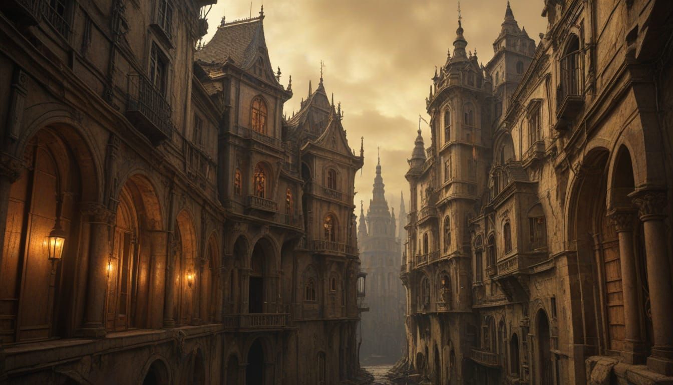 Diverse Characters in Gothic Cityscape Digital Art