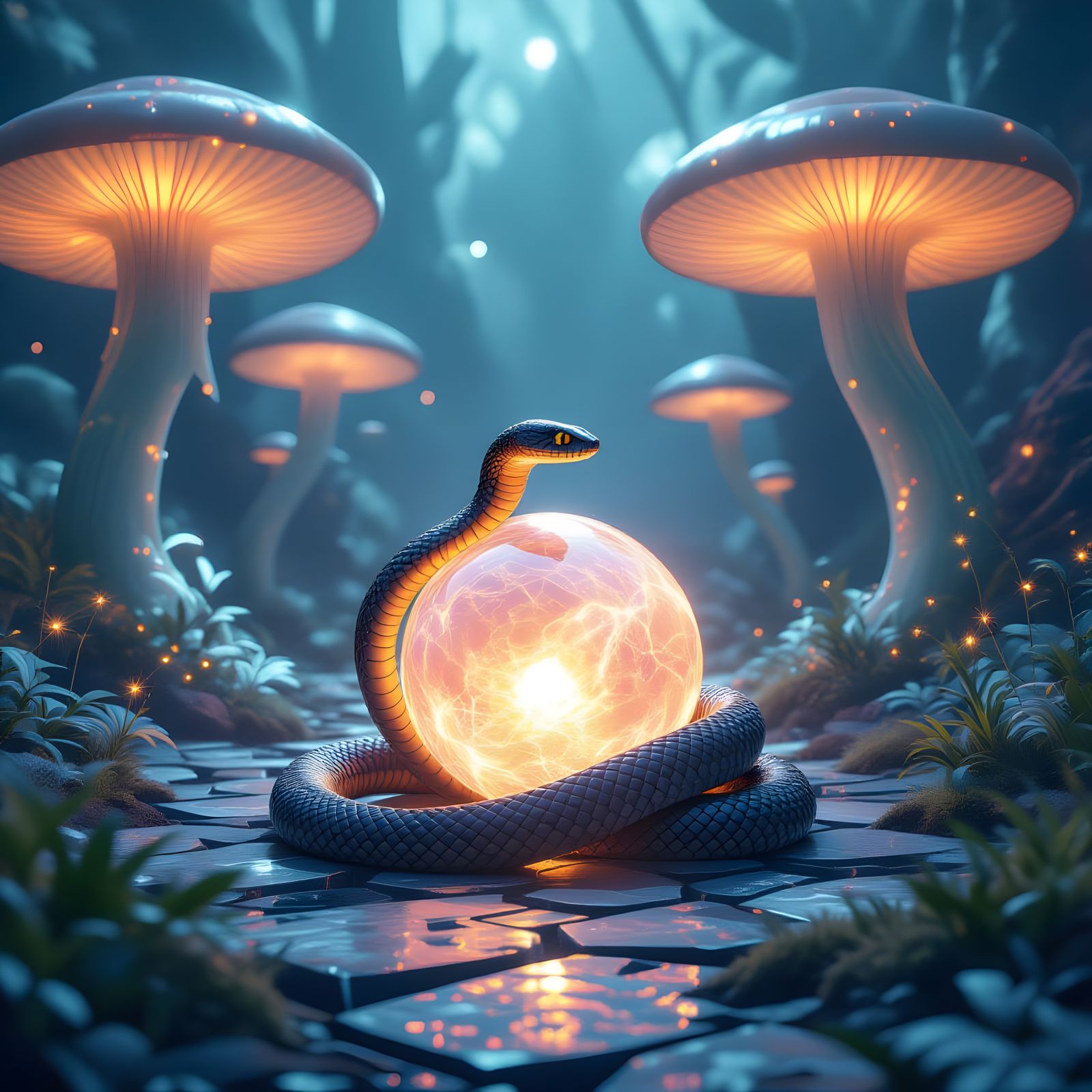 Surreal Cobra and Luminous Mushrooms Landscape