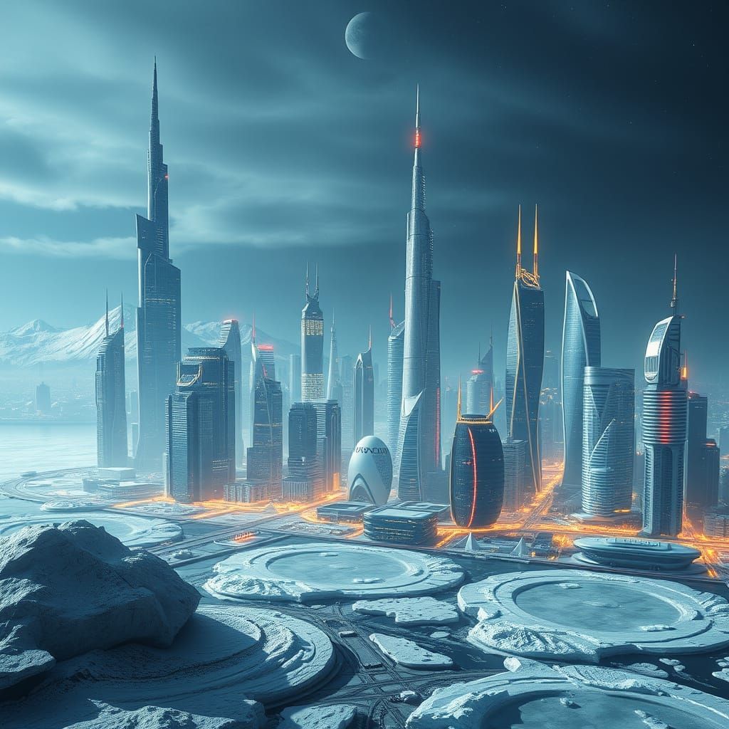 Futuristic Ice City in Water, Sci-Fi Movie Still