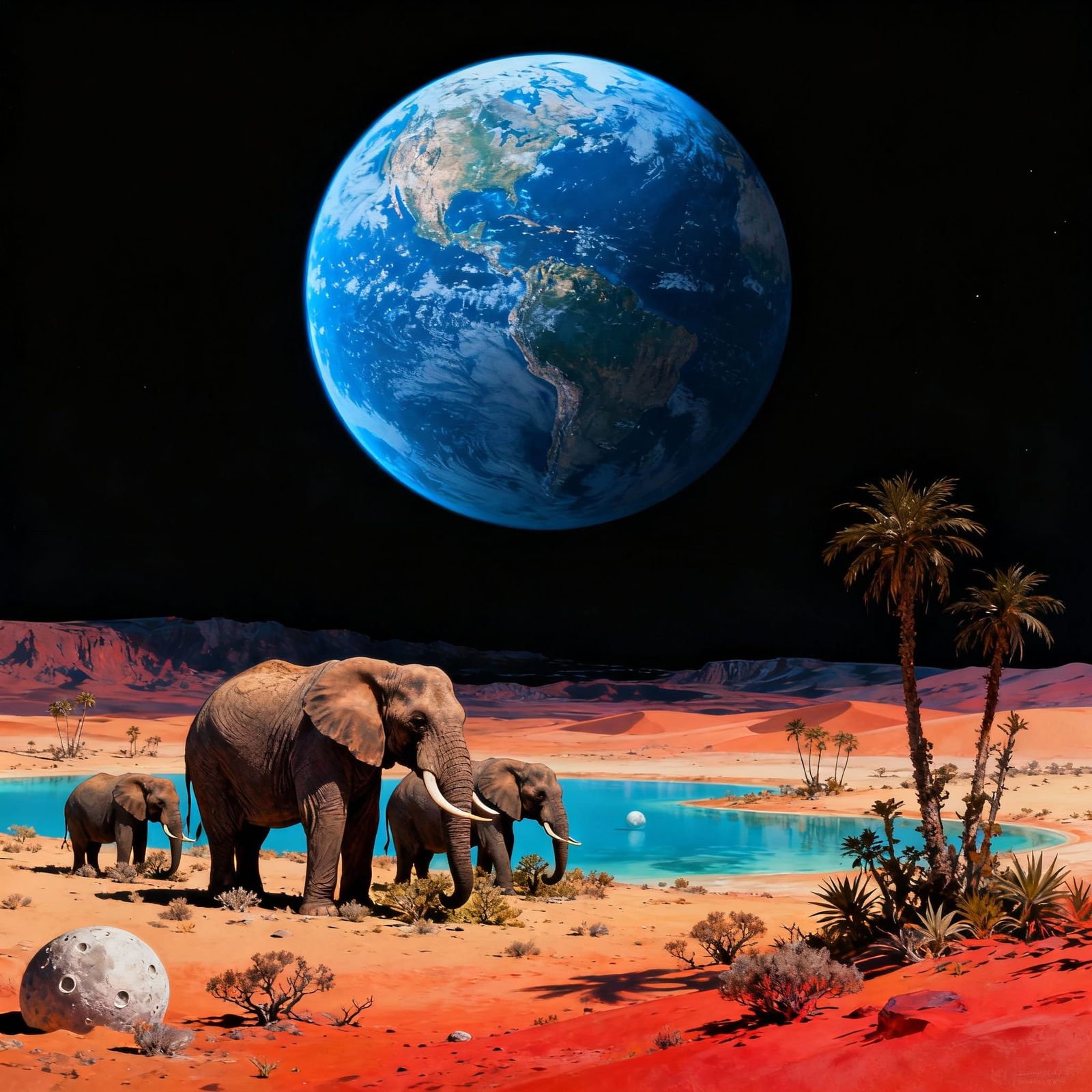 Elephants in Lunar Oasis with Earth View
