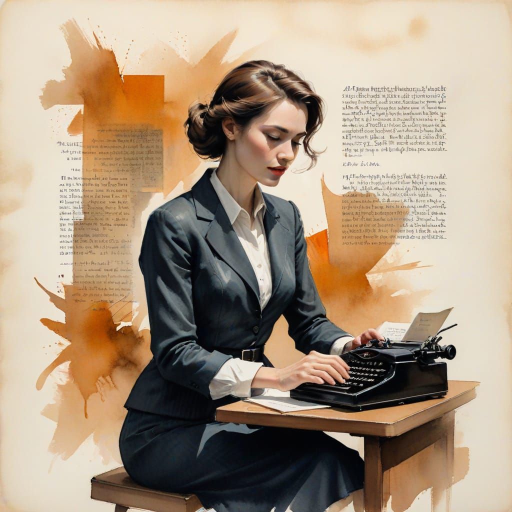 1950s Secretary with iPhone: Ink Wash Art