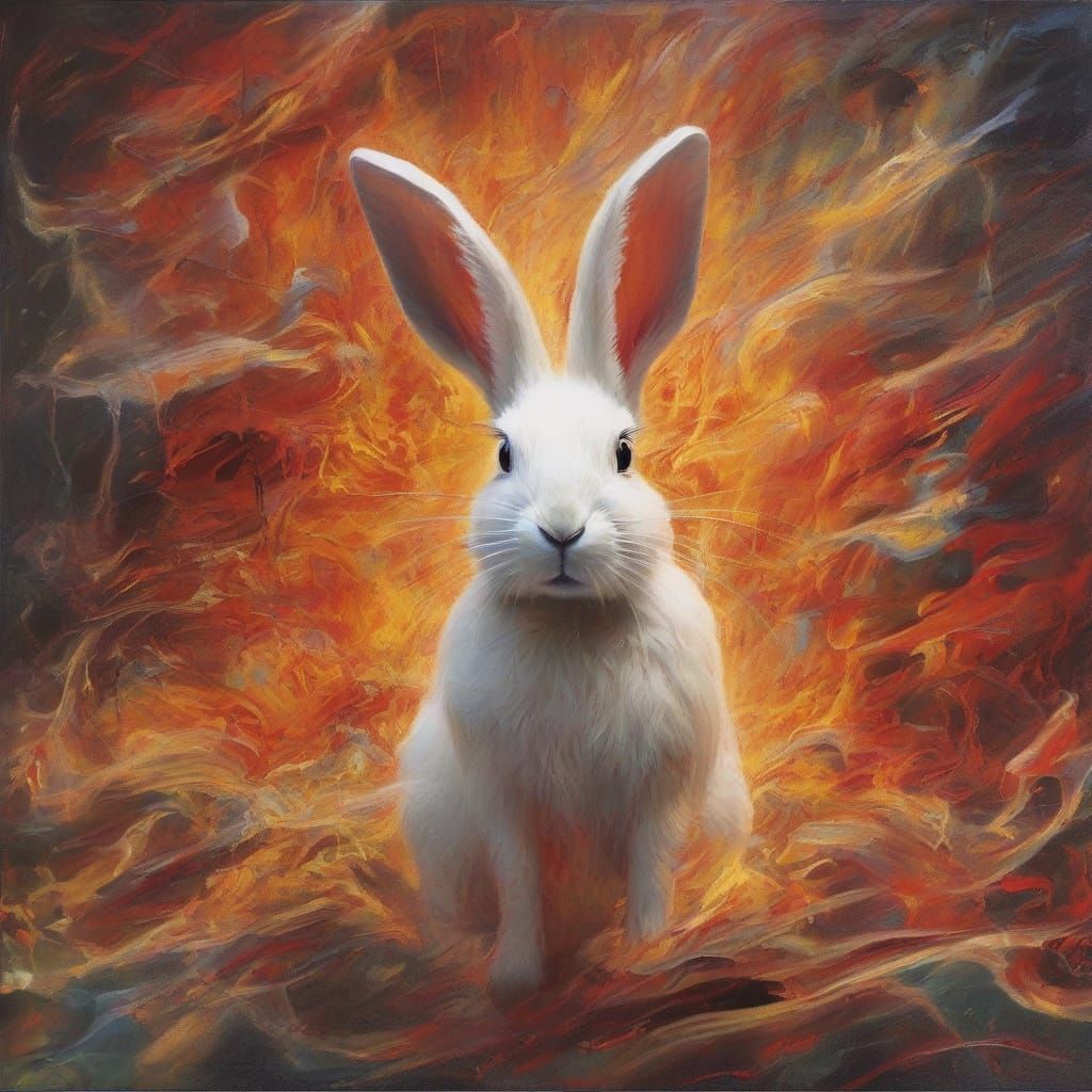 Fiery Rabbit in Chaotic Symphony, Surreal Art