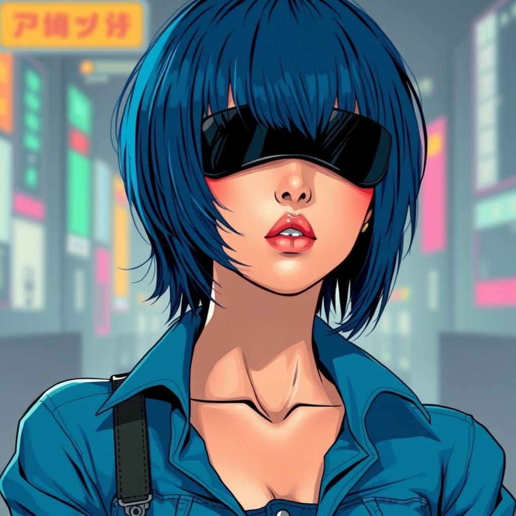 Cyberpunk Anime Woman with Visor in Pop-Art Style