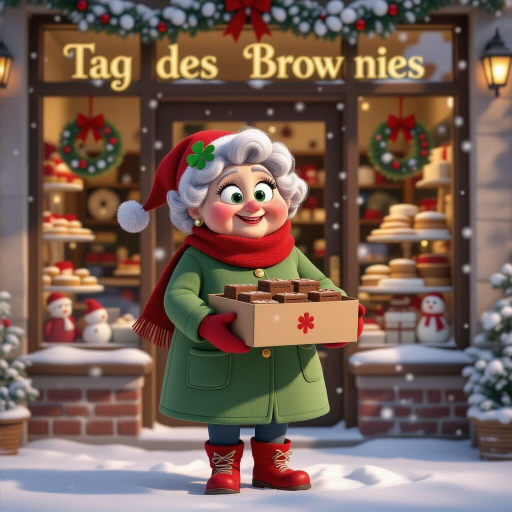 Grandma in Snowy Town Holding Brownies