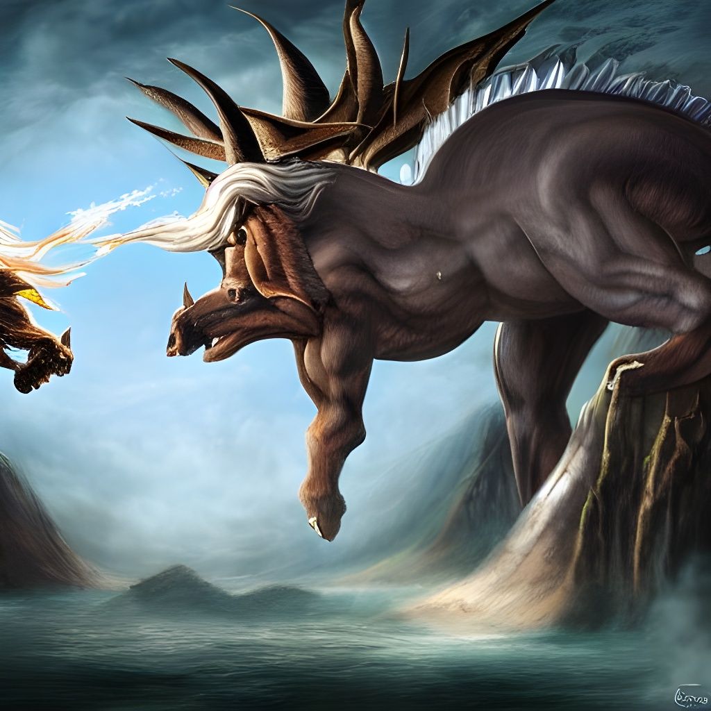 Mythical Creatures Clash in Detailed Matte Painting