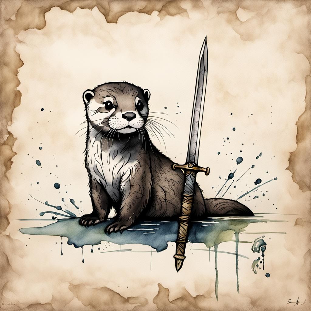 Otter with Sword: Sumi-e Ink Sketch on Parchment