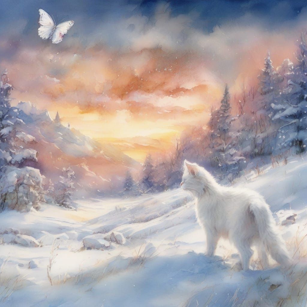 Whimsical Watercolor Sunset: White Kitten Chases Butterfly i...