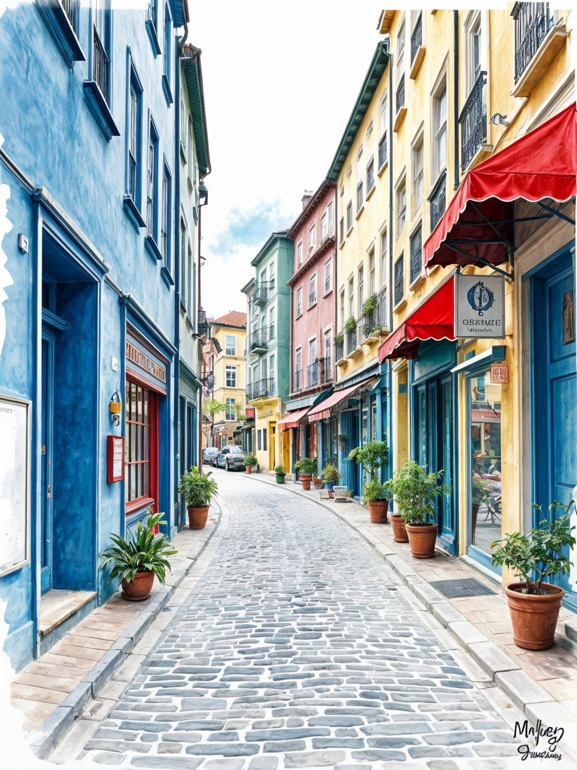 Peaceful Urban Street in Light Watercolor Style