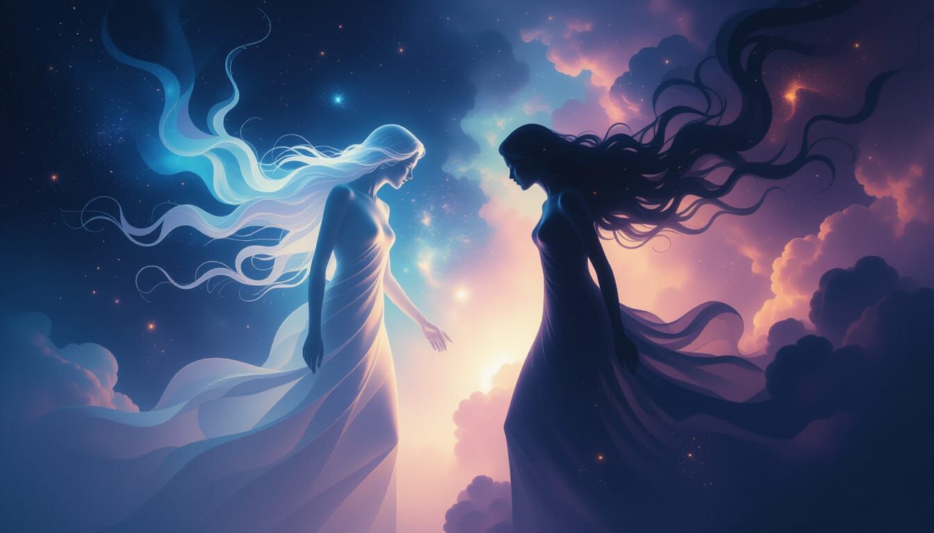 Surreal Ethereal Figures Merge in Cosmic Void