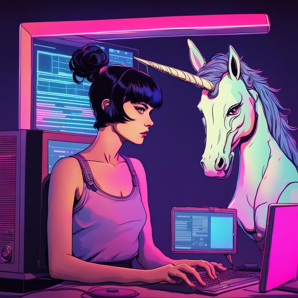 Woman and Digital Unicorn in Synthwave Style
