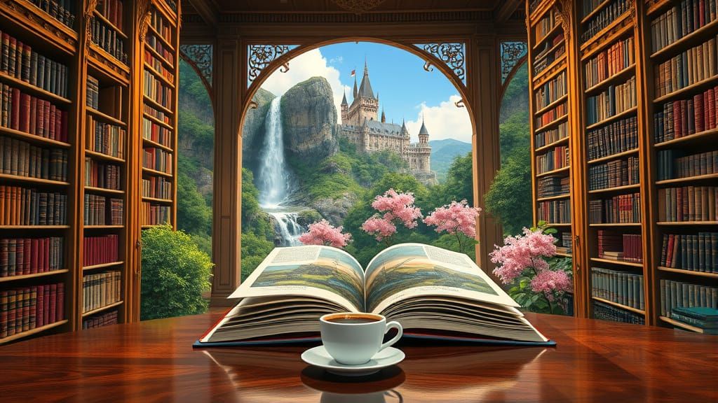 Ethereal Library Landscape Painting with Waterfall and Castl...
