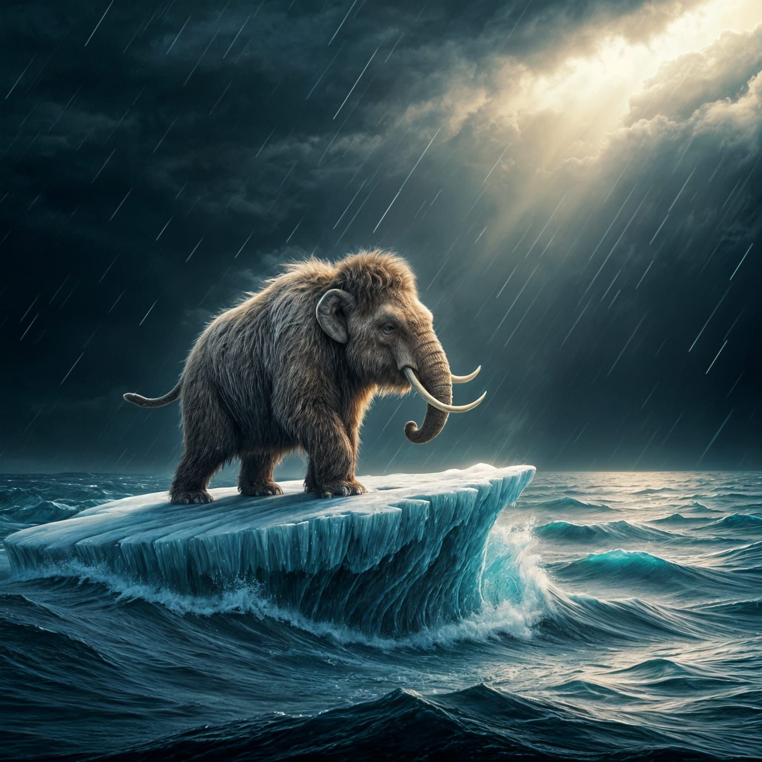 Lonely Baby Mammoth Adrift in Stormy Seas