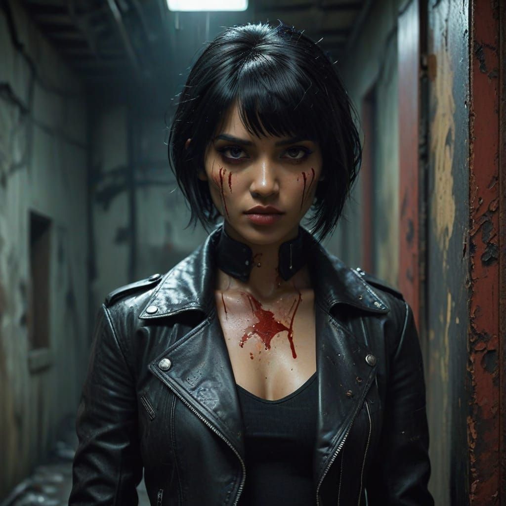 Neo-Noir Femme Fatale in a Blood-Splattered Corridor