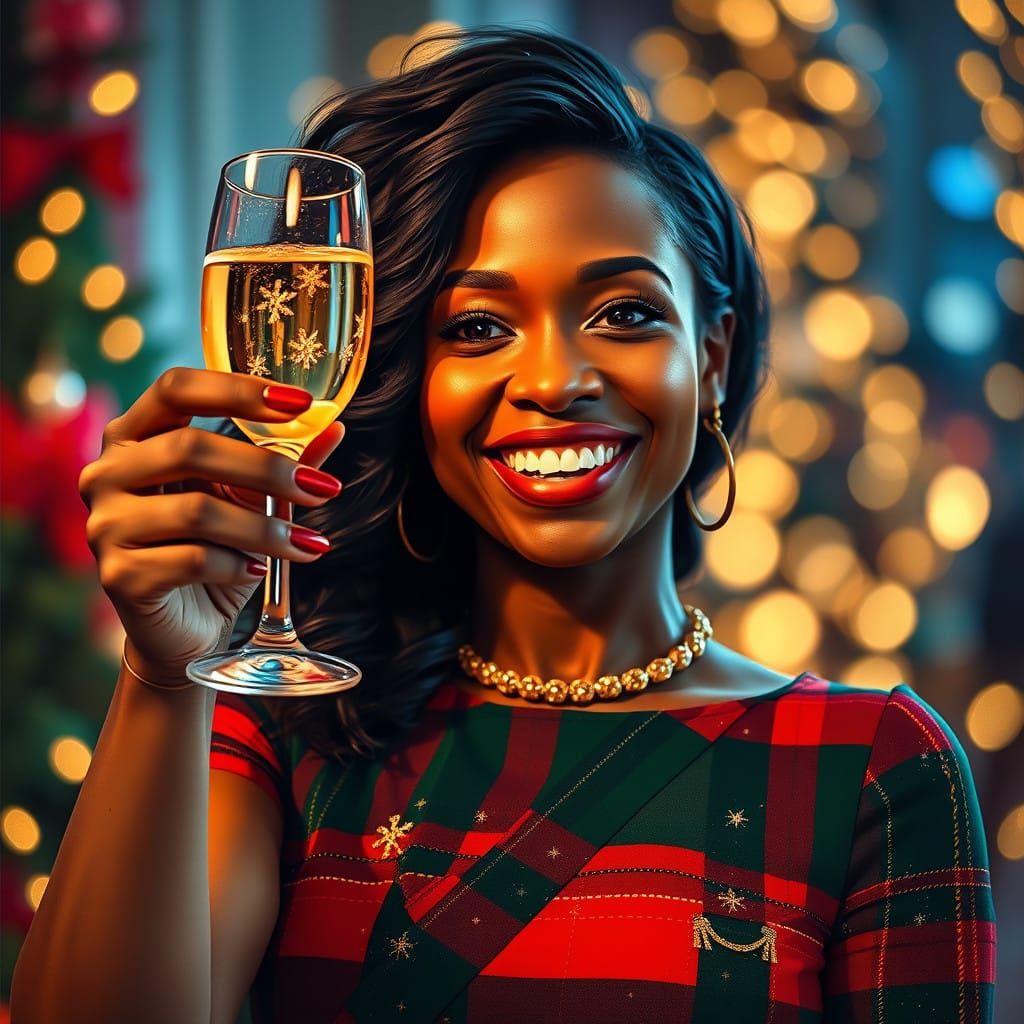 Vibrant Caribbean Woman in Festive Tartan Dress Raising a Ch...