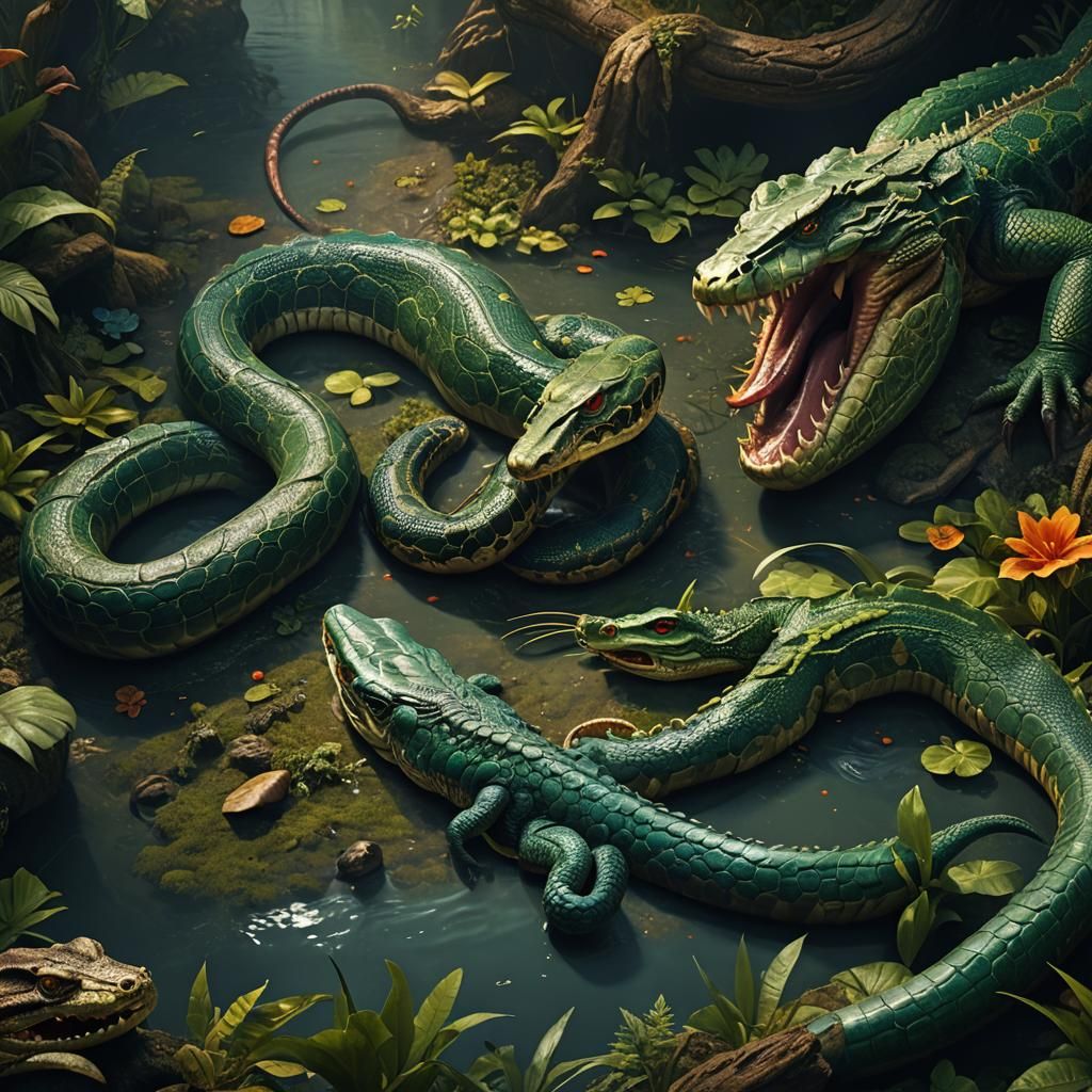Snake and Crocodile Face-Off: Detailed Matte Painting