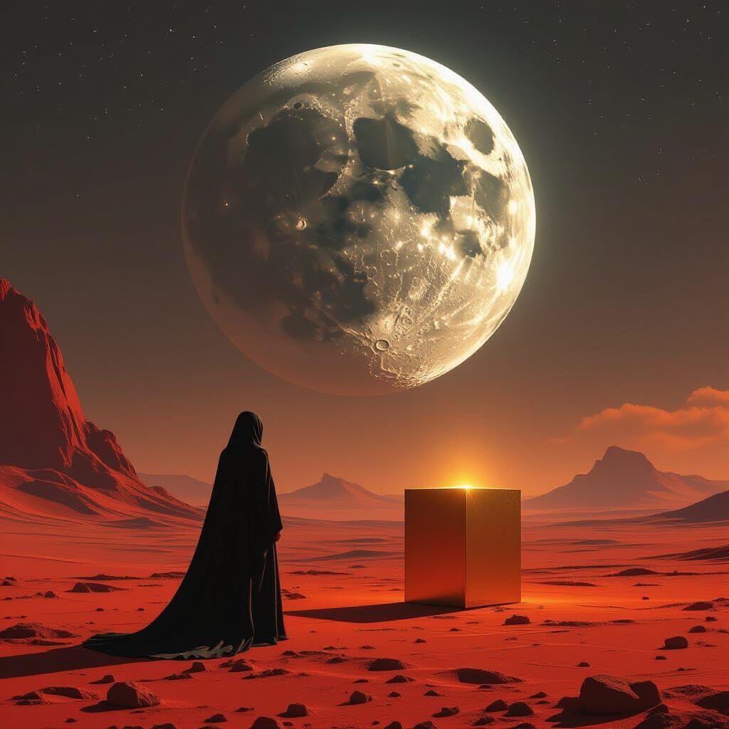 Woman Gazes at Glowing Box on Alien Planet