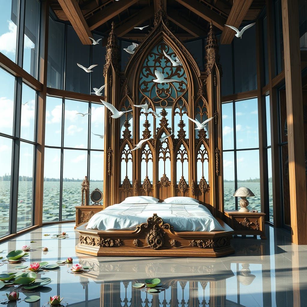 Gothic Cathedral Bed in a Glass-Walled Room with Water and B...