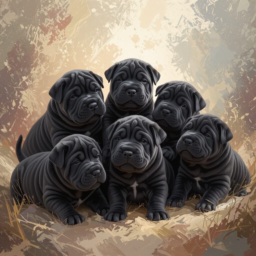 Black Shar Pei Puppies Playing: Detailed Digital Art