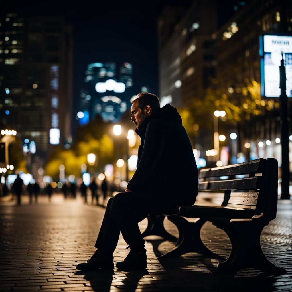 Melancholic City Night: Solitary Man on Bench